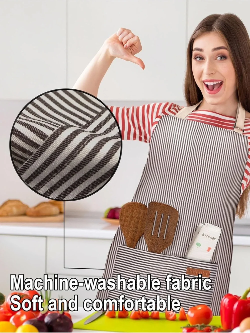 Striped Apron Dress with Beige Ties - Black & White